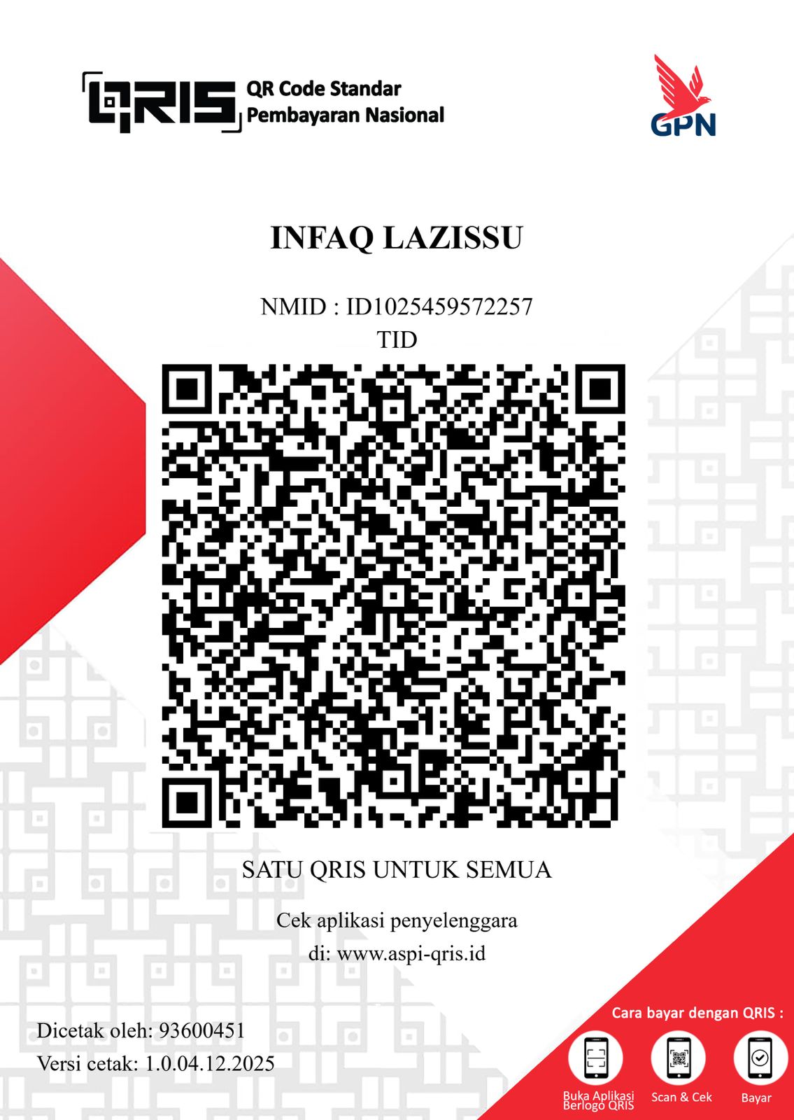 Poster QRIS INFAQ LAZISSU dengan NMID ID1025459572257 — pindai dengan aplikasi berlogo QRIS