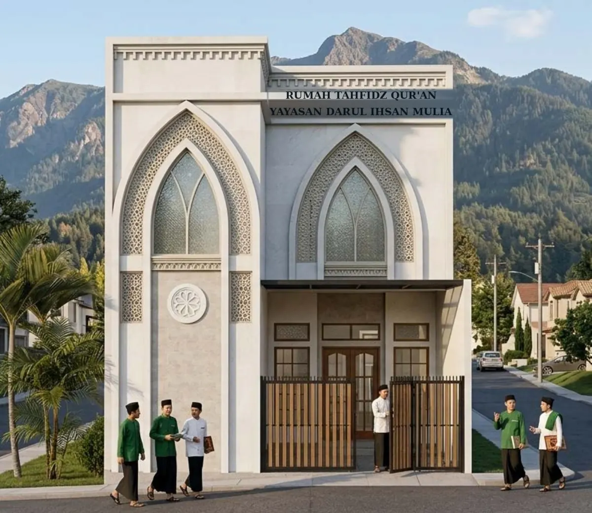 Render desain arsitektur Rumah Tahfidz Darul Ihsan: bangunan dua lantai bergaya Islam modern dengan lengkungan runcing, ornamen geometris, dan gerbang kayu